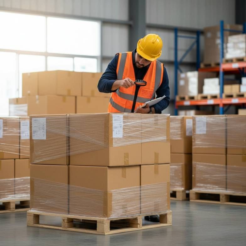 Warehouse worker inspecting sealed export cartons next to a pallet of boxed medical furniture, checking for damage before shipment