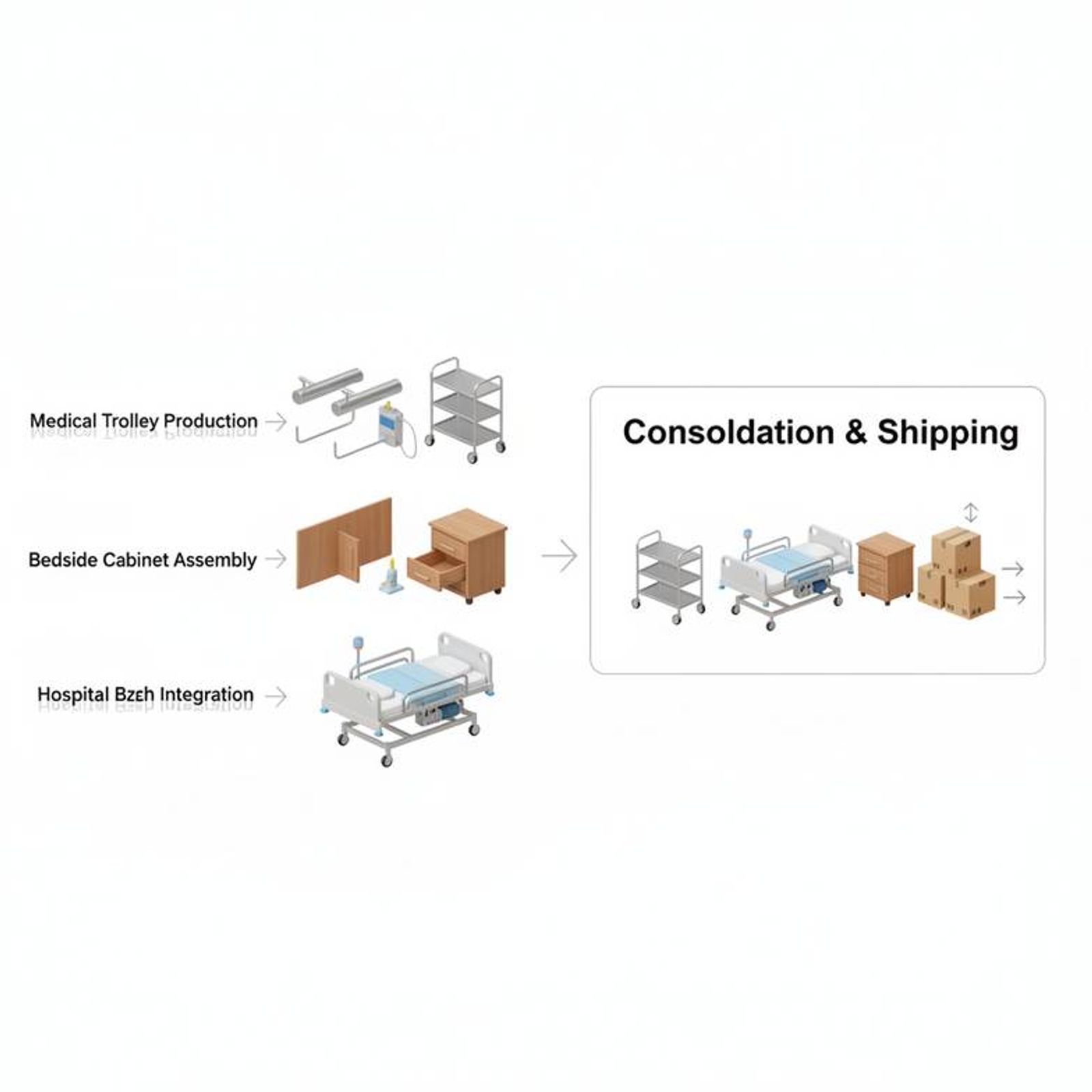 An infographic showing three separate production lines (steel, wood, electronics) all feeding into a single consolidation and packing area.