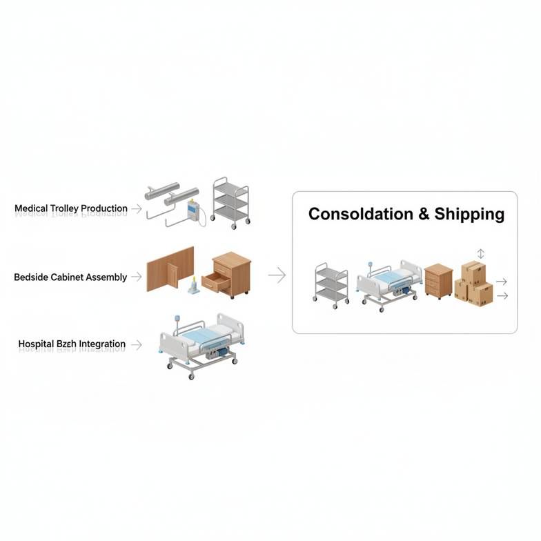 An infographic showing three separate production lines (steel, wood, electronics) all feeding into a single consolidation and packing area.
