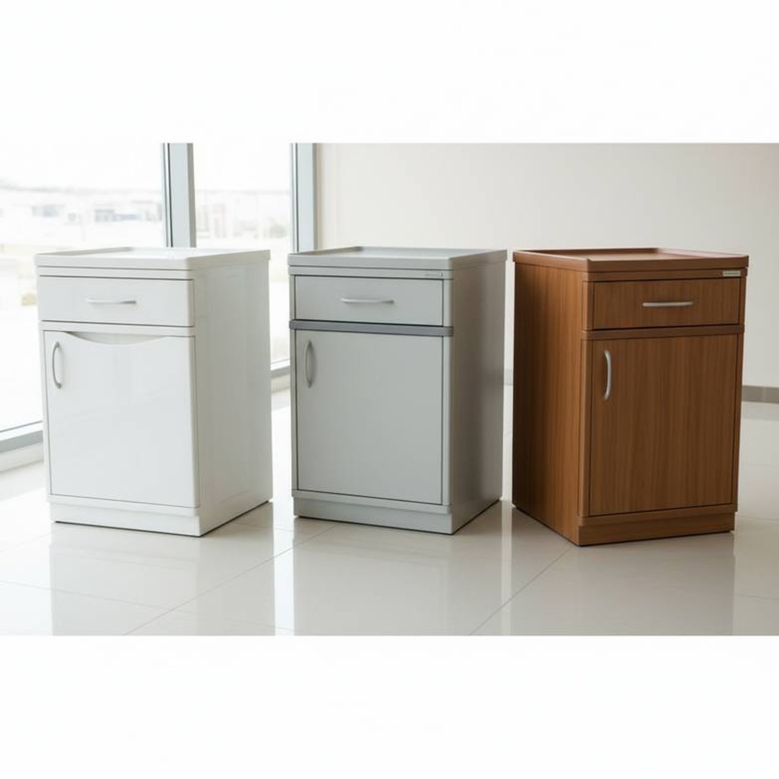 Side-by-side comparison of different bedside cabinets in a well-lit showroom, highlighting the distinct finishes of ABS, powder-coated steel, and HPL.
