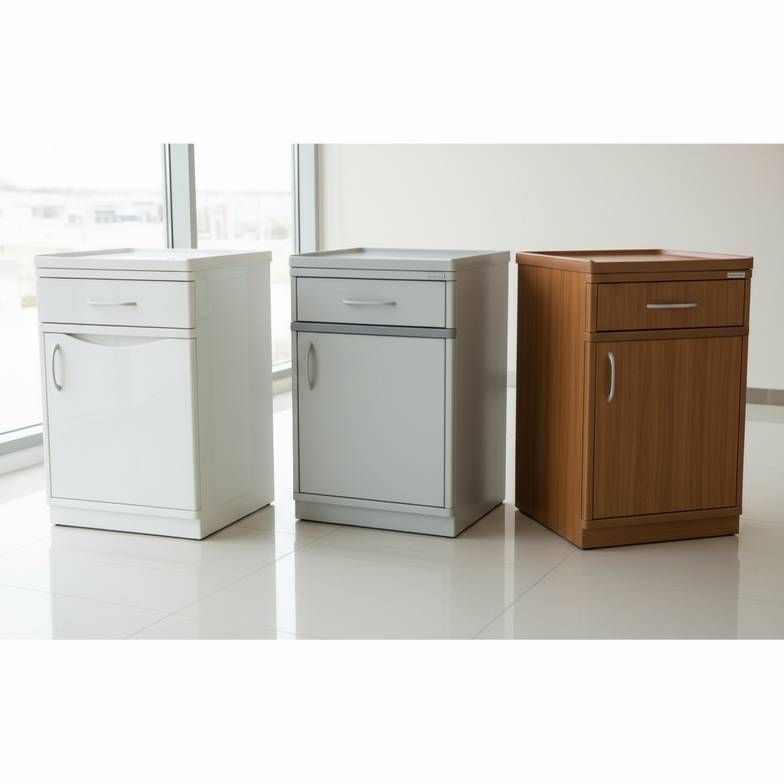 Side-by-side comparison of different bedside cabinets in a well-lit showroom, highlighting the distinct finishes of ABS, powder-coated steel, and HPL.