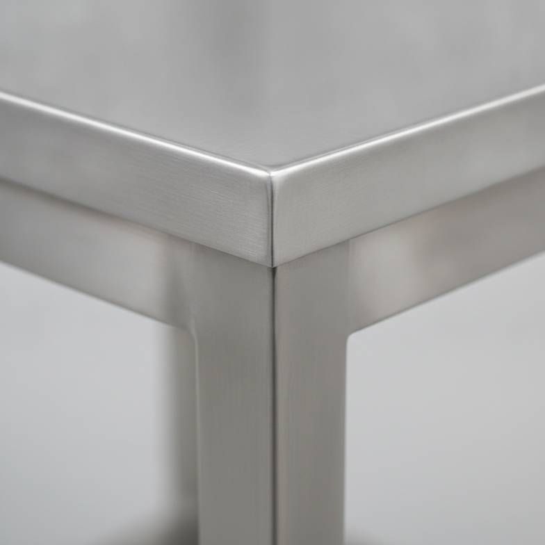 A close-up of a clean weld on a stainless steel medical trolley