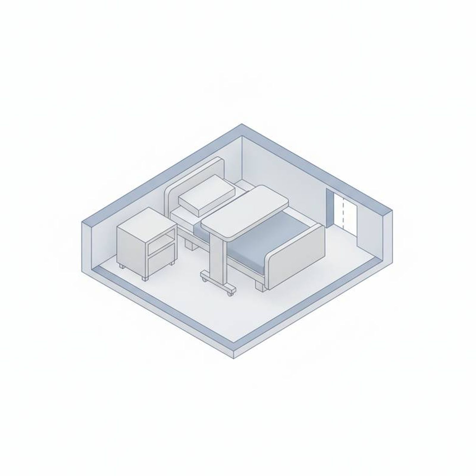 A sketch of a hospital room layout showing different furniture items labeled.