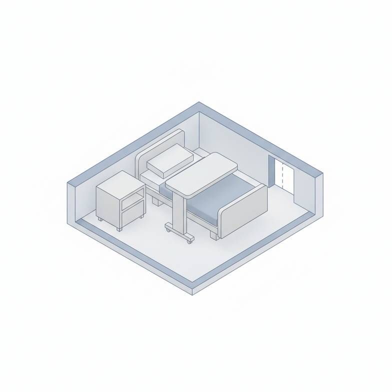 A sketch of a hospital room layout showing different furniture items labeled.