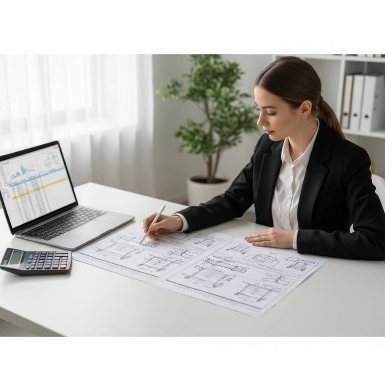 A procurement manager at a desk reviewing two different specification sheets for medical trolleys, comparing details carefully.