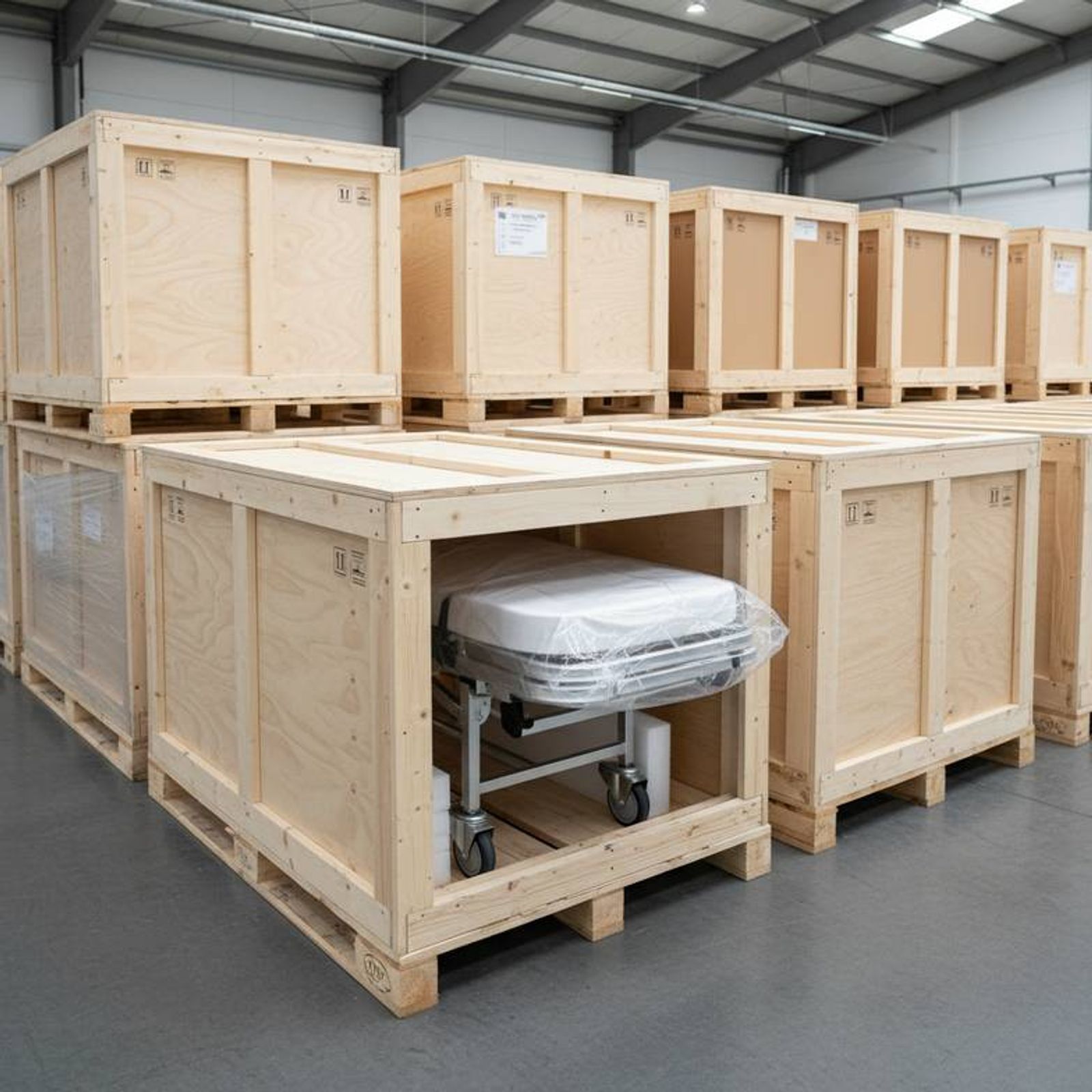 A warehouse with stacked, crated medical stretchers ready for shipment