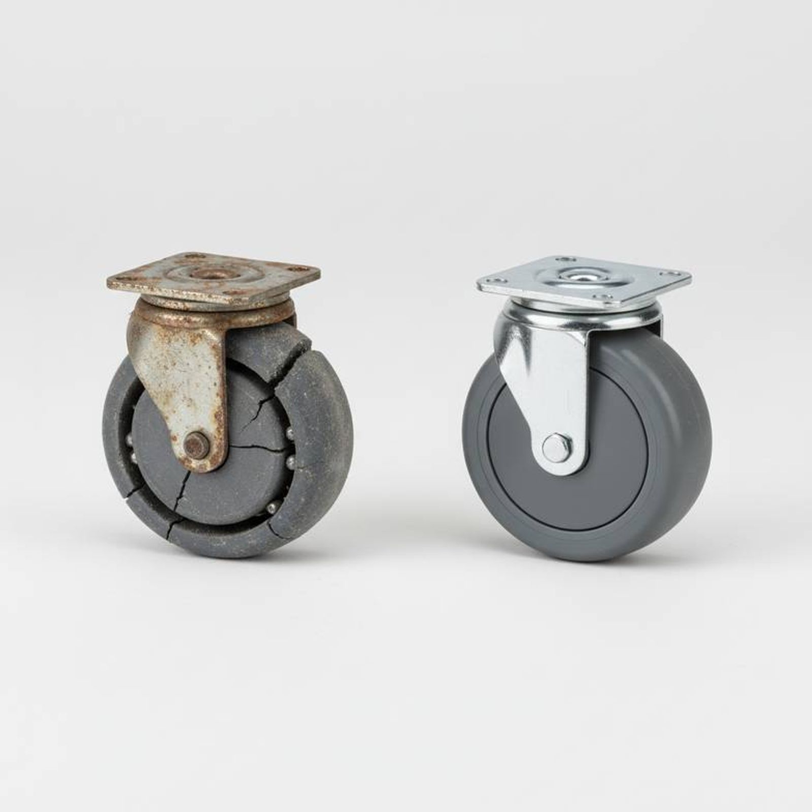 An old, broken medical trolley caster next to a new one, symbolizing the hidden costs of poor quality and the need for frequent medical trolley caster replaceme