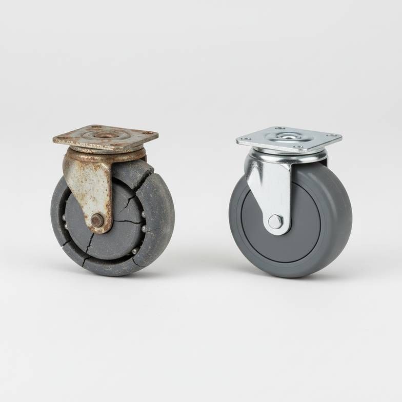 An old, broken medical trolley caster next to a new one, symbolizing the hidden costs of poor quality and the need for frequent medical trolley caster replaceme