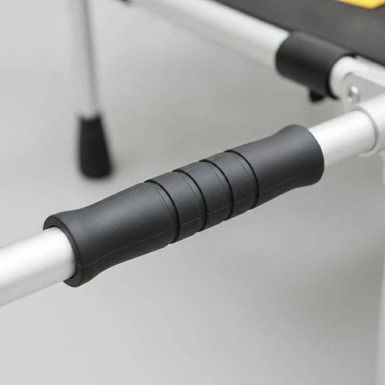 A close-up of an ergonomic, non-slip rubber handle on a portable folding stretcher