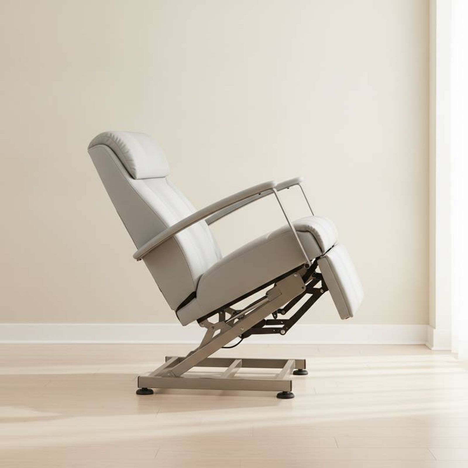 A caregiver assists a resident using a lift-assist medical recliner in a nursing home setting