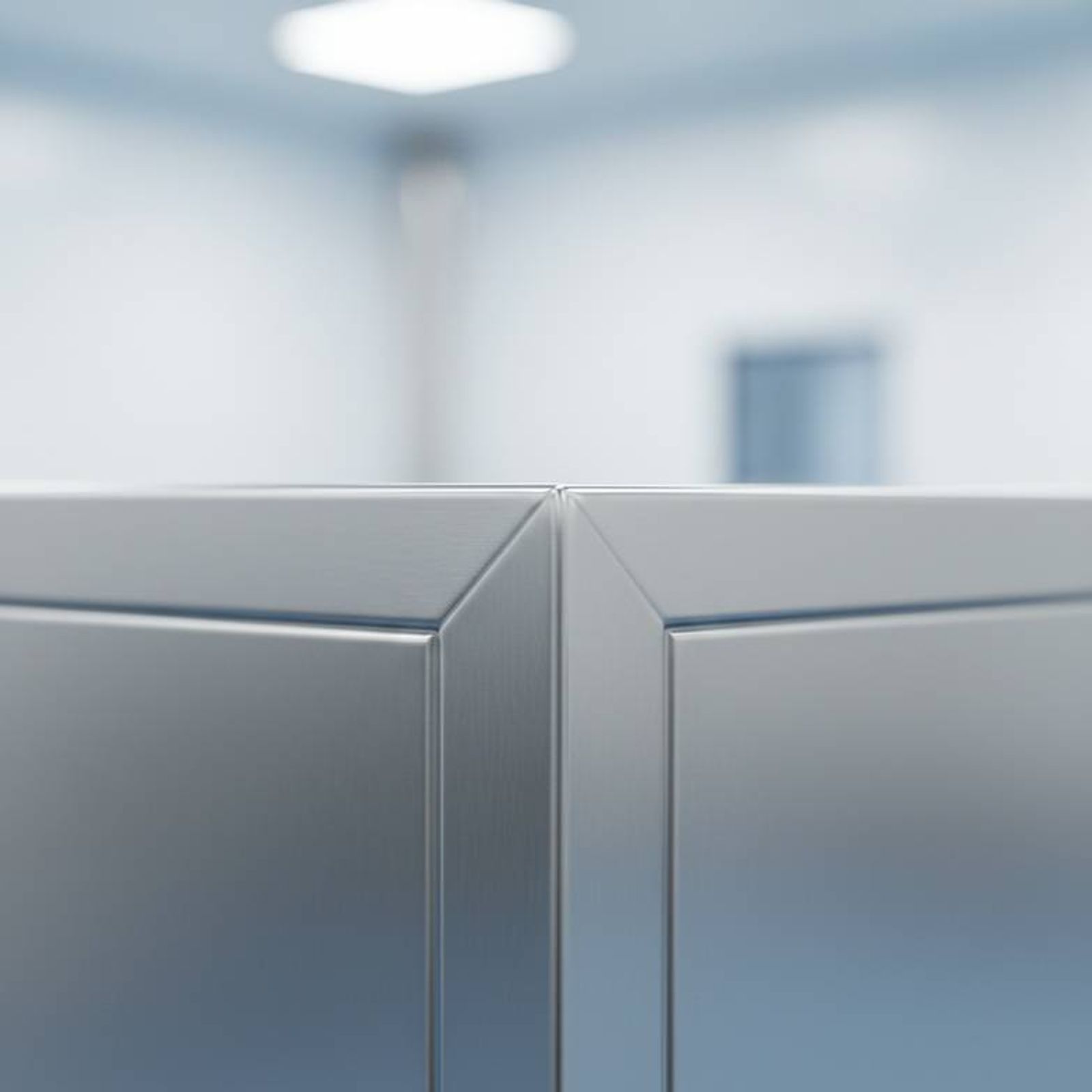 Close-up realistic photo of a stainless steel medical cabinet corner showing smooth polished welding, rounded edges, brushed finish, and clean medical manufacturing quality.