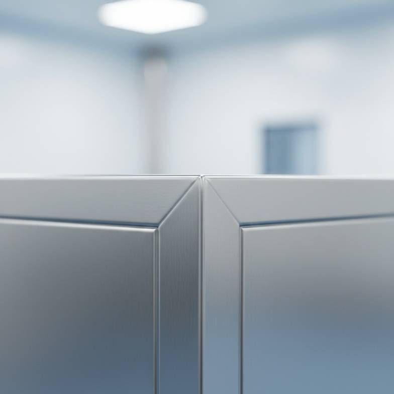 Close-up realistic photo of a stainless steel medical cabinet corner showing smooth polished welding, rounded edges, brushed finish, and clean medical manufacturing quality.