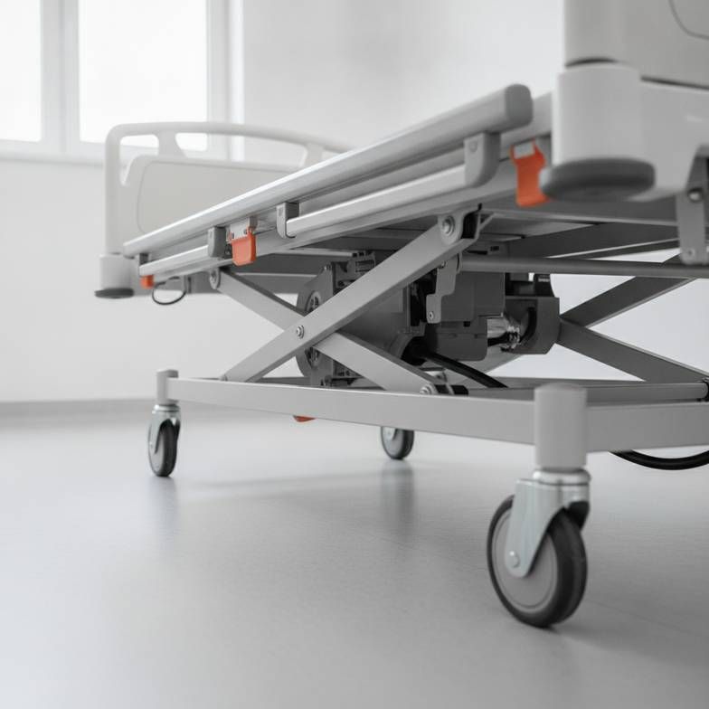 An electric hospital bed in its lowest position, highlighting the limited under-bed clearance near the actuators.