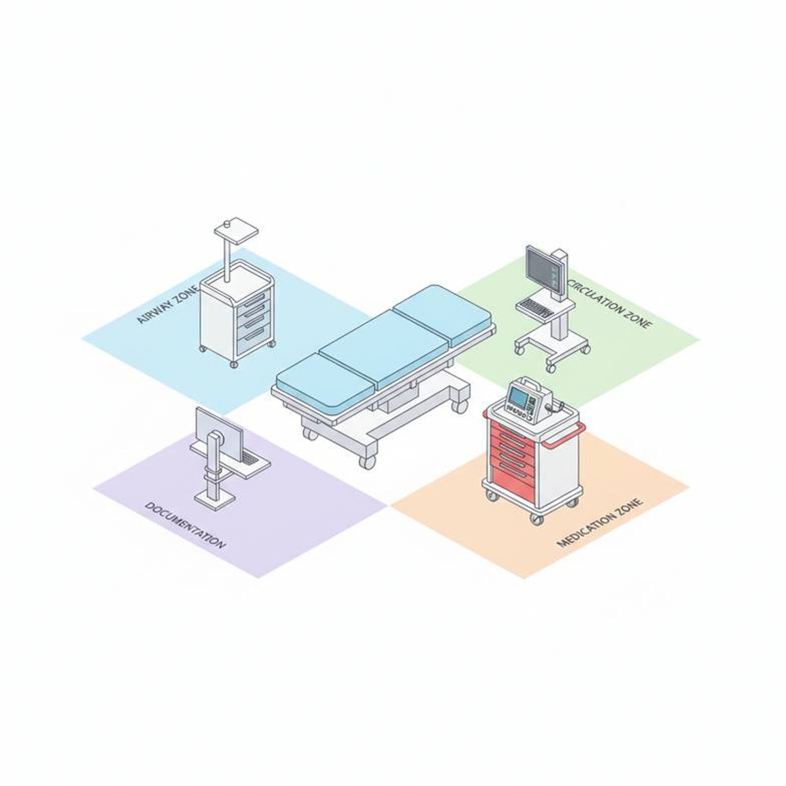 Diagram showing the four functional zones around a patient bed with corresponding emergency resuscitation bay furniture