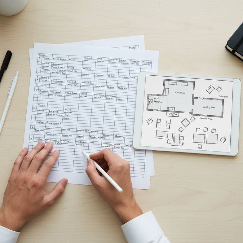 A close-up shot of a clinic room-by-room furniture planning checklist, with sketches of exam tables, medical trolleys, cabinets, and waiting chairs in the background.