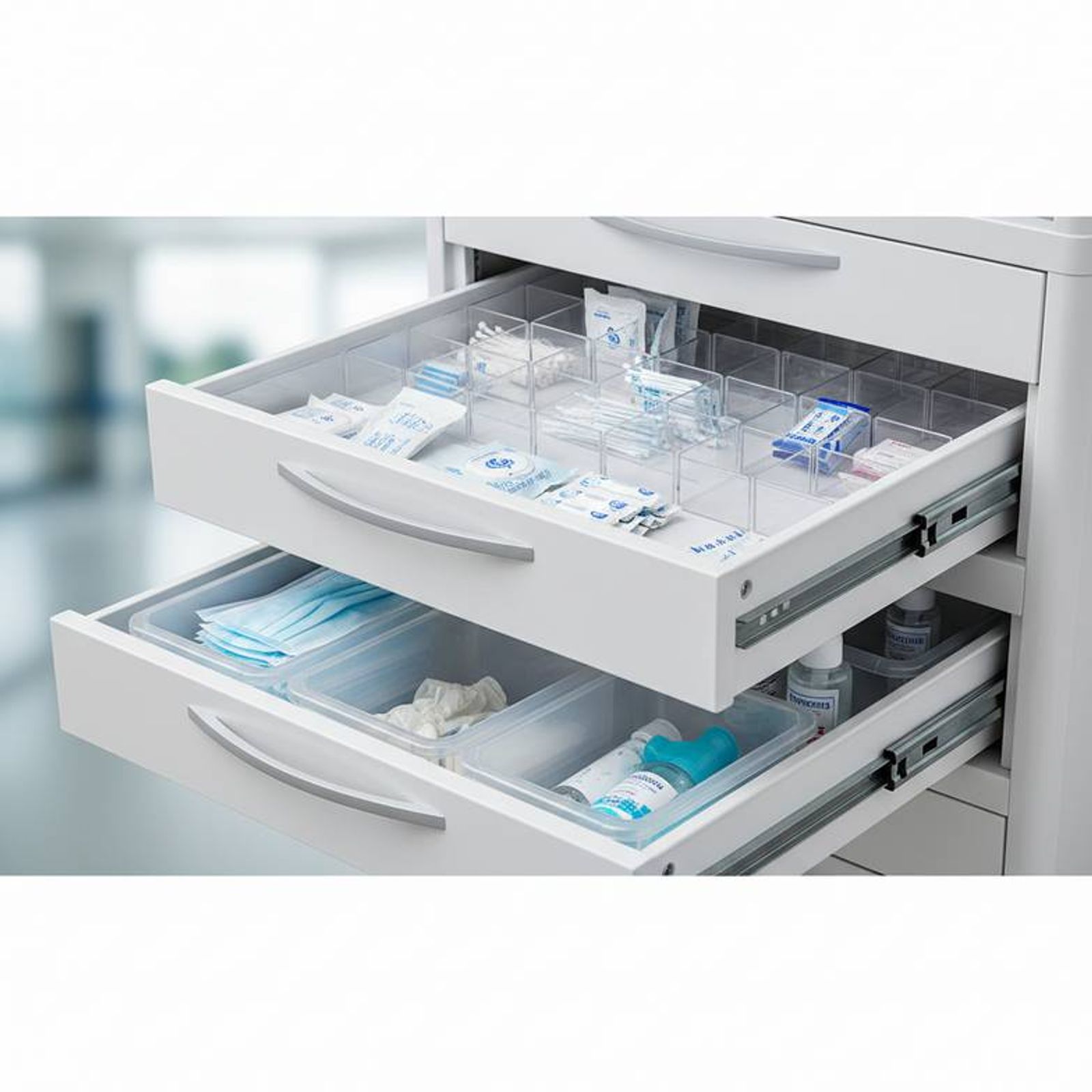 Close-up of different sized drawers on a medical cart