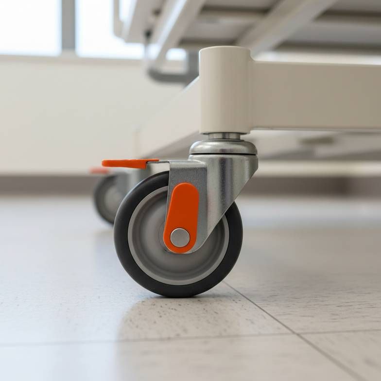 A detailed close-up of a twin-wheel caster with a locking brake mechanism, attached to the steel base of an overbed table.
