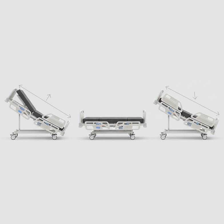 Diagram showing Trendelenburg hospital beds with specified tilt angles and controls