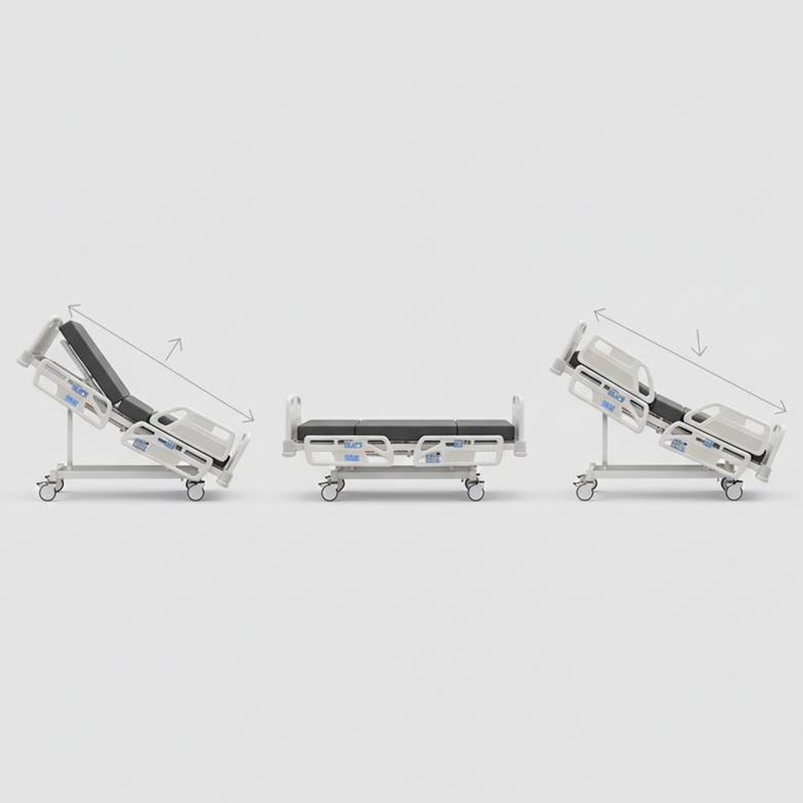 Diagram showing Trendelenburg hospital beds with specified tilt angles and controls