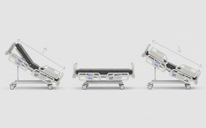 Diagram showing Trendelenburg hospital beds with specified tilt angles and controls