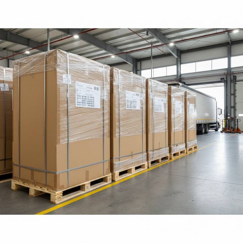 A warehouse scene showing neatly packed cartons of medical furniture ready for export, with clear shipping marks.