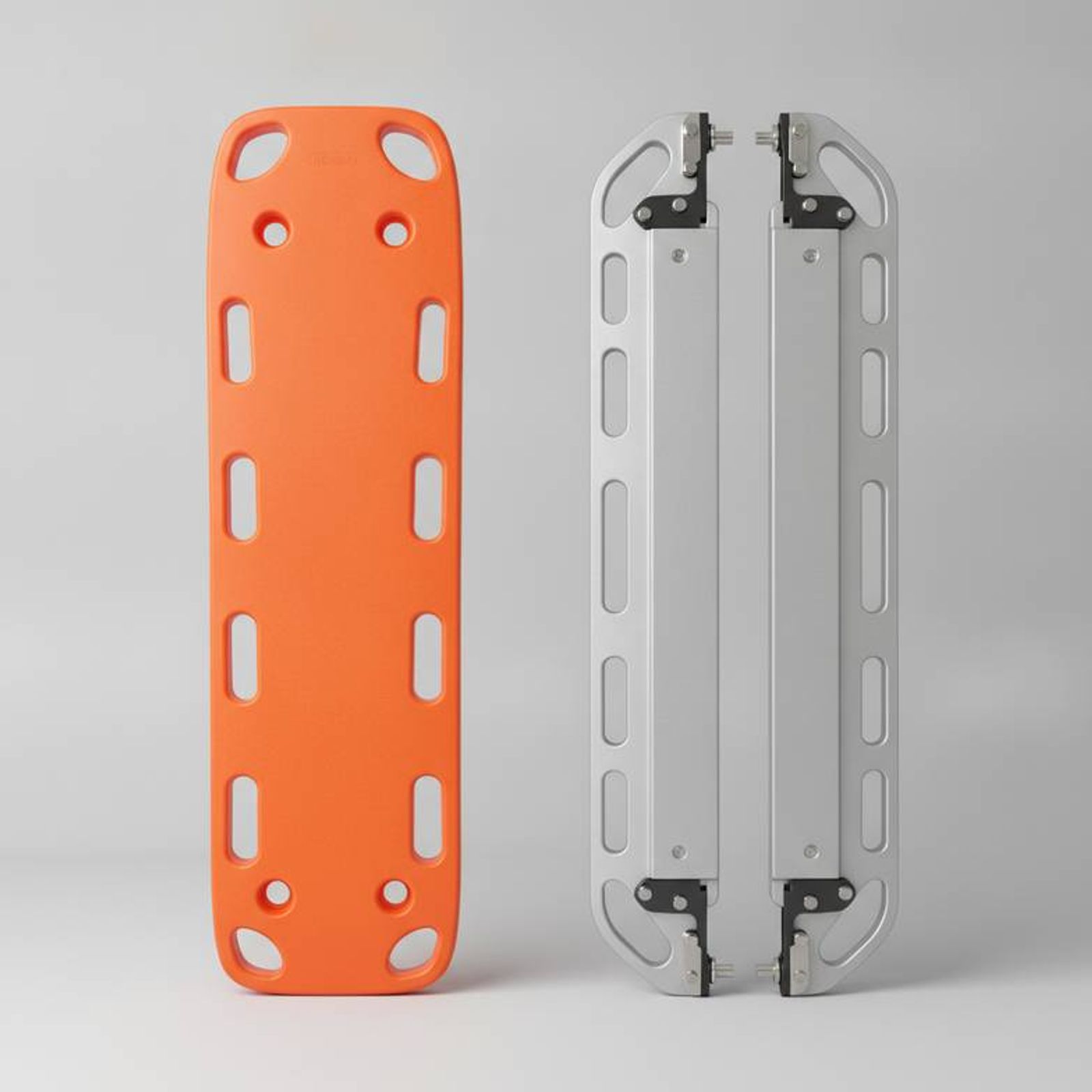 A side-by-side comparison of a spine board vs scoop stretcher, highlighting their different designs for patient transfer.