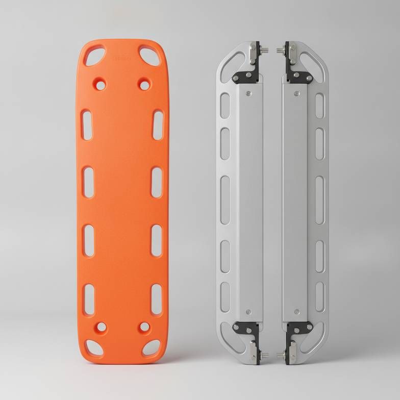 A side-by-side comparison of a spine board vs scoop stretcher, highlighting their different designs for patient transfer.