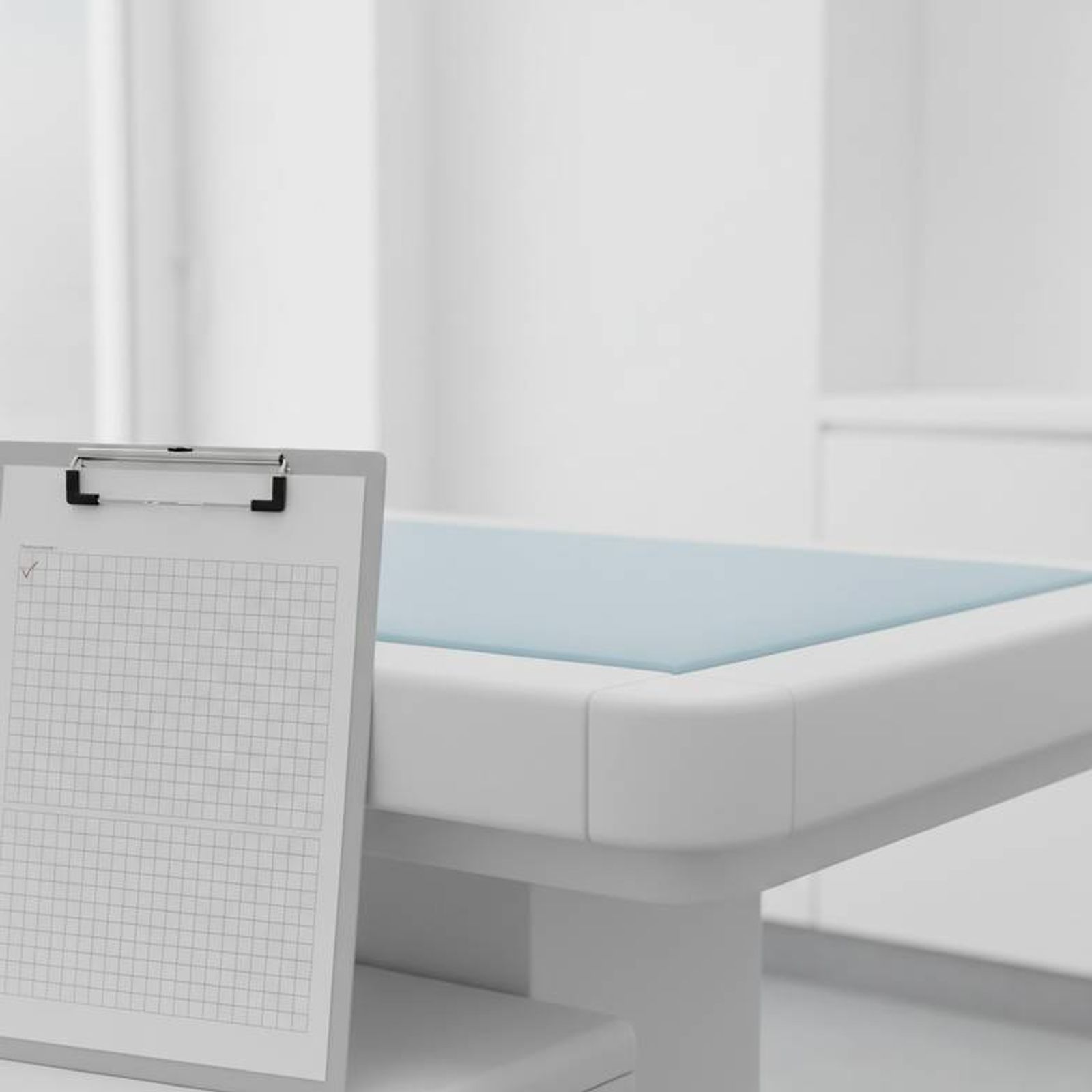 A specification sheet for pediatric outpatient room furniture with details on materials, dimensions, and safety certifications.