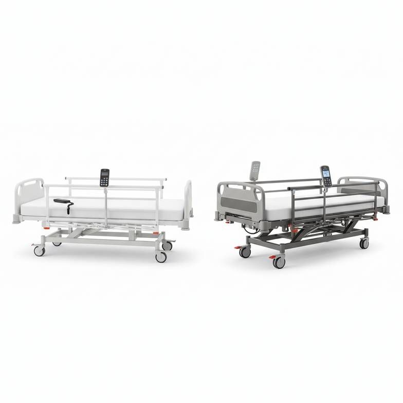 Side-by-side comparison of a standard electric ward bed and a complex ICU bed.