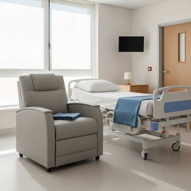 A clean and modern hospital ward room with a companion chair-bed neatly placed next to the main hospital bed, showing a practical use case.
