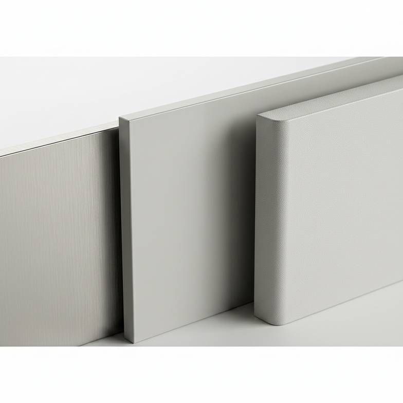 A close-up shot showing the textures of different materials: stainless steel, powder-coated steel, and ABS plastic.