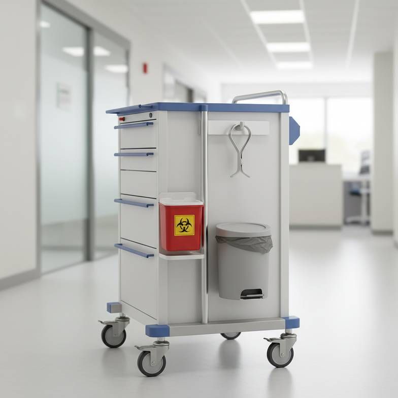 A detailed view of a medical trolley's accessory rail, showing a sharps container, a waste bin, and an IV pole attached, highlighting the importance of accessories.