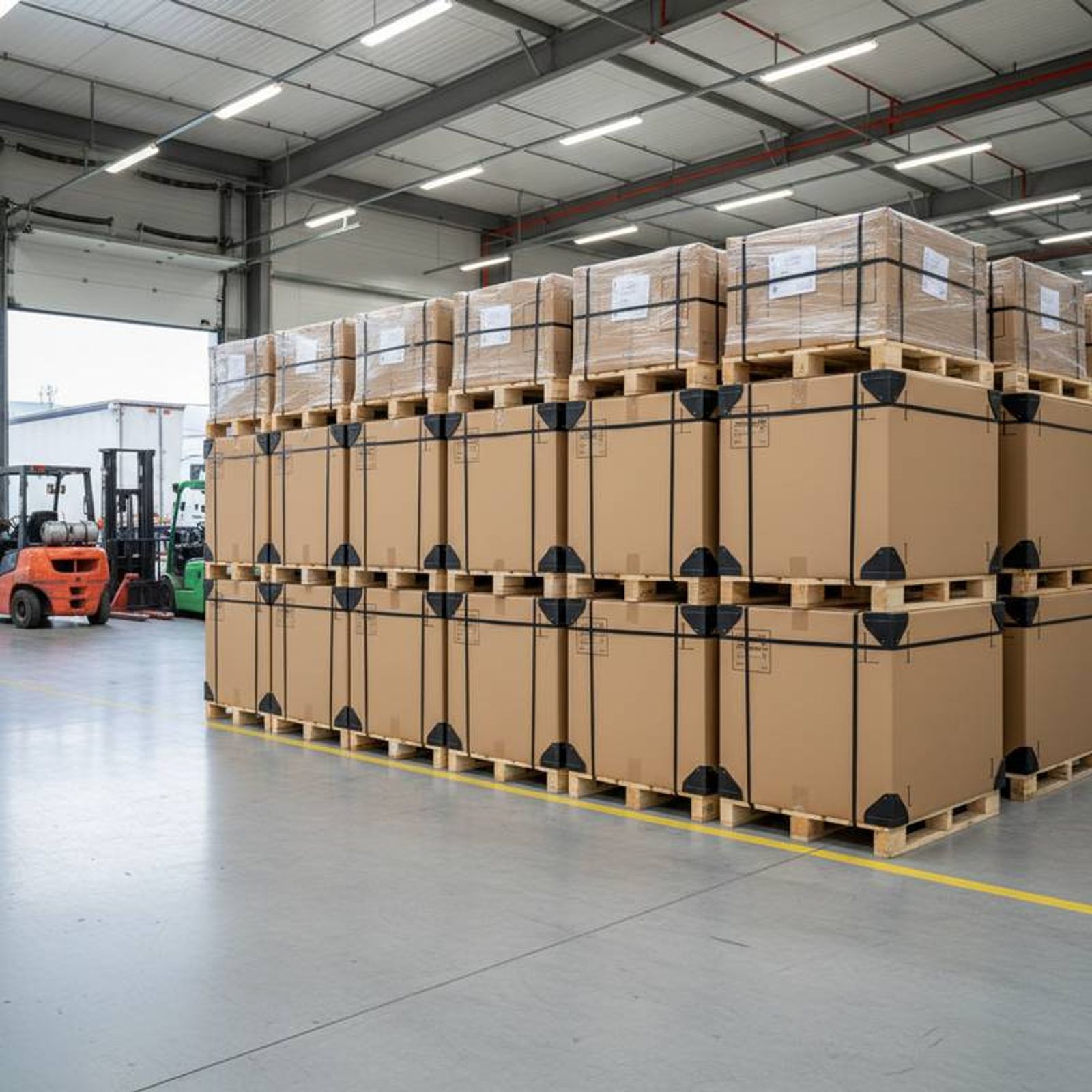A stack of packed hospital beds in large, reinforced cartons in a warehouse, ready for export shipment.