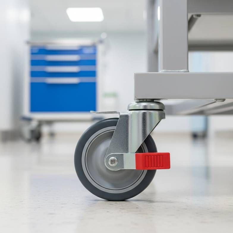A detailed close-up of a medicine trolley's high-quality, non-marking caster with a clearly visible foot-operated brake mechanism.