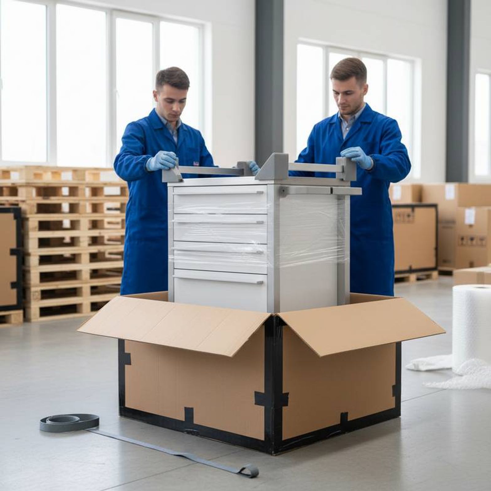 A photo showing a medicine trolley securely packed in a reinforced export carton, with visible corner protectors and foam wrapping to highlight robust protection for shipping.