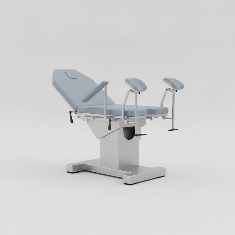 A specialized gynecology medical exam table with stirrups and a cut-out section, showing procedure-specific features