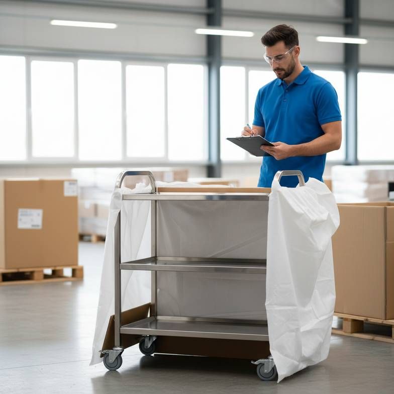 A person in a warehouse using a checklist on a clipboard to inspect a newly unboxed instrument trolley.