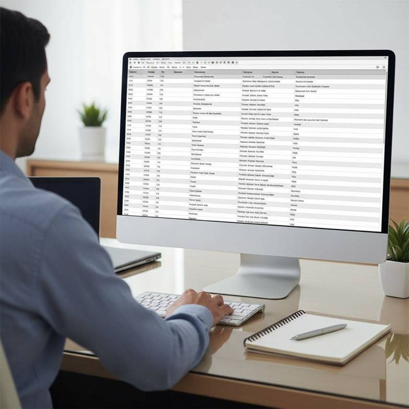 A person at a desk reviewing a clear, well-organized spreadsheet on a computer screen, with columns for item, quantity, room type, and specifications.
