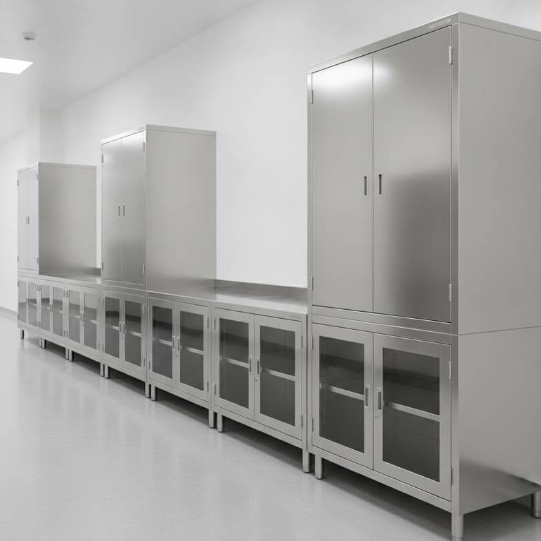A row of high-quality stainless steel medical cabinets in a clean hospital corridor