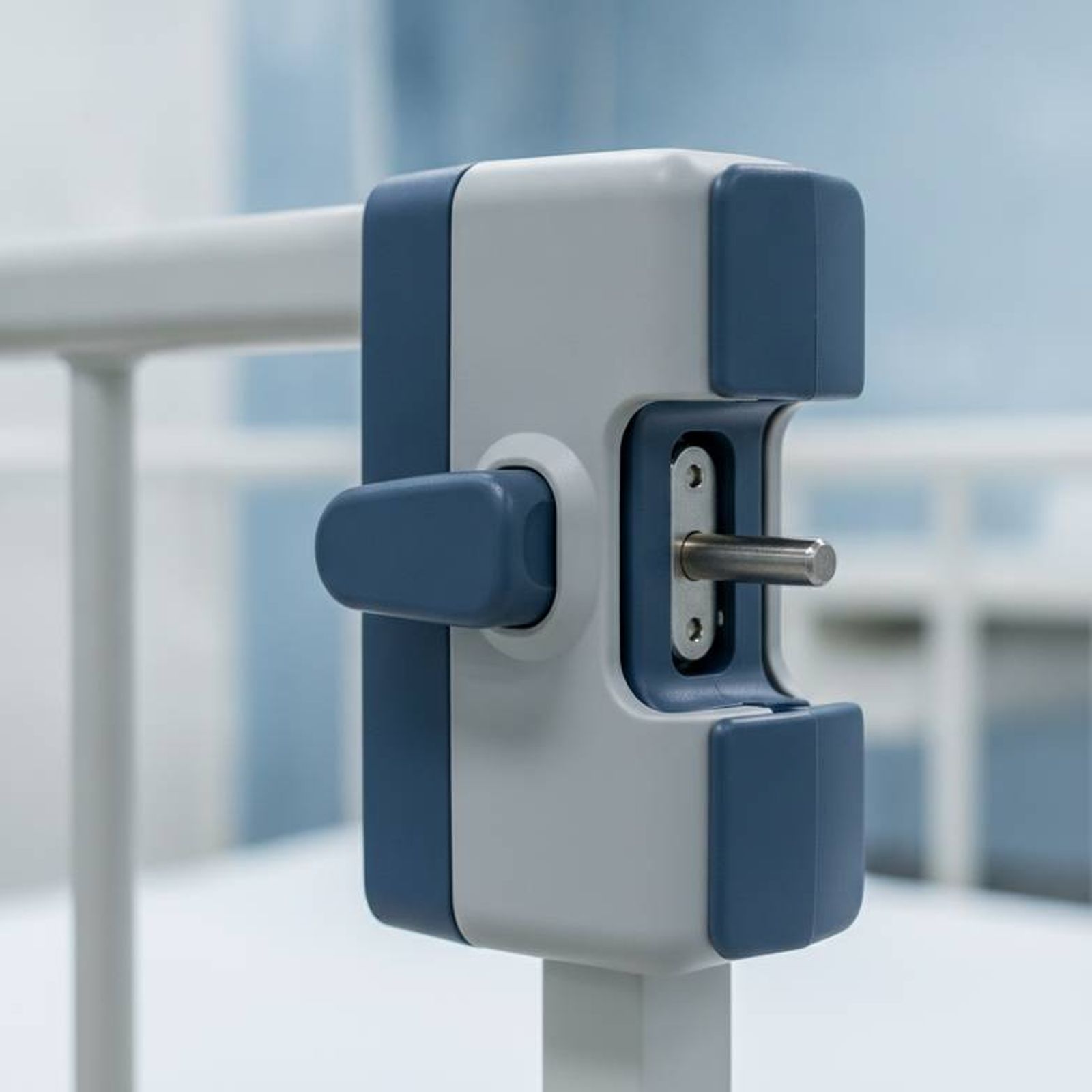 Close-up of a sturdy locking mechanism on a patient transfer trolley side rail