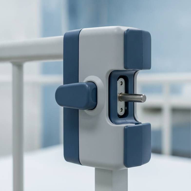 Close-up of a sturdy locking mechanism on a patient transfer trolley side rail