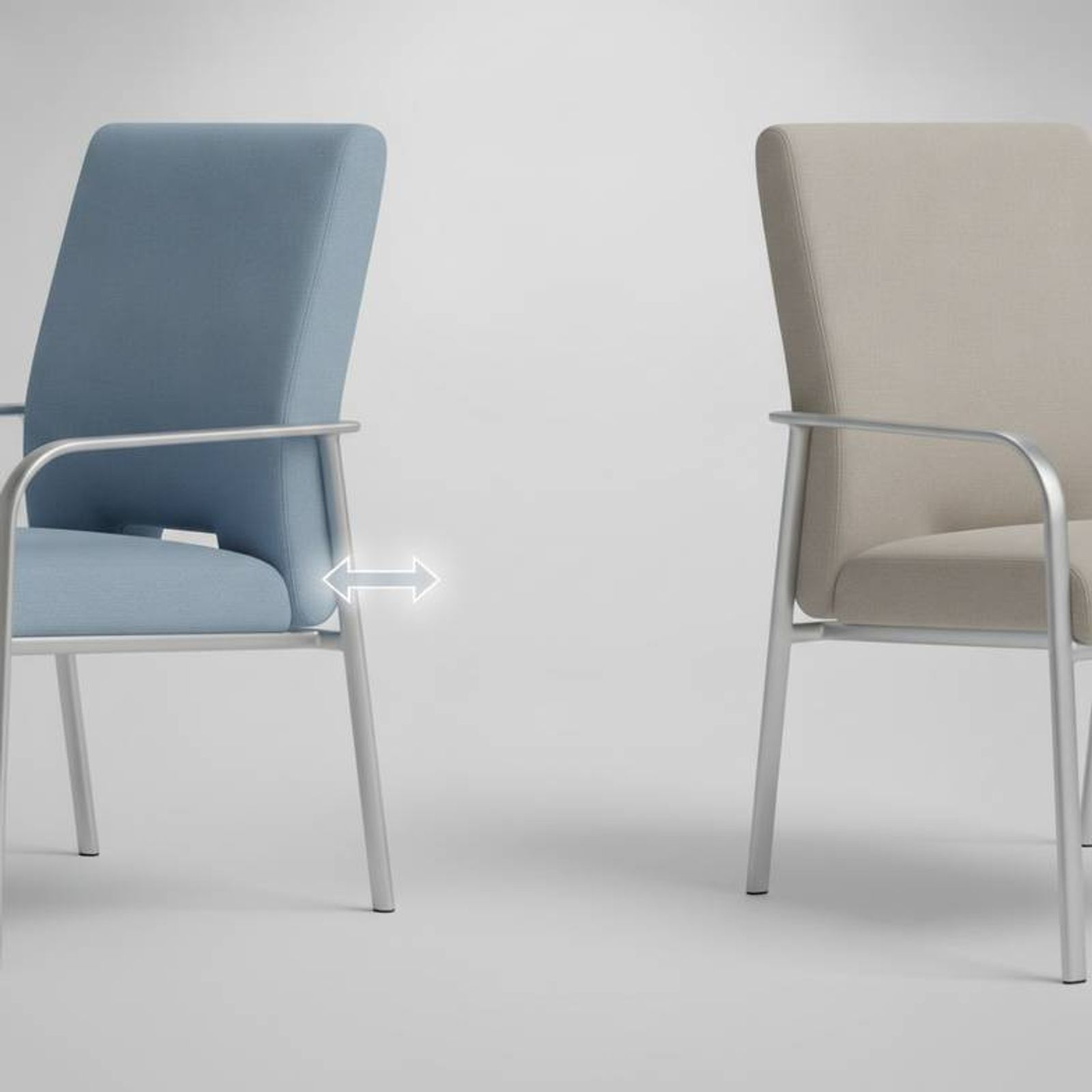 A diagram showing the "clean-out" gap between the seat and back of a patient chair, contrasted with a standard chair design.