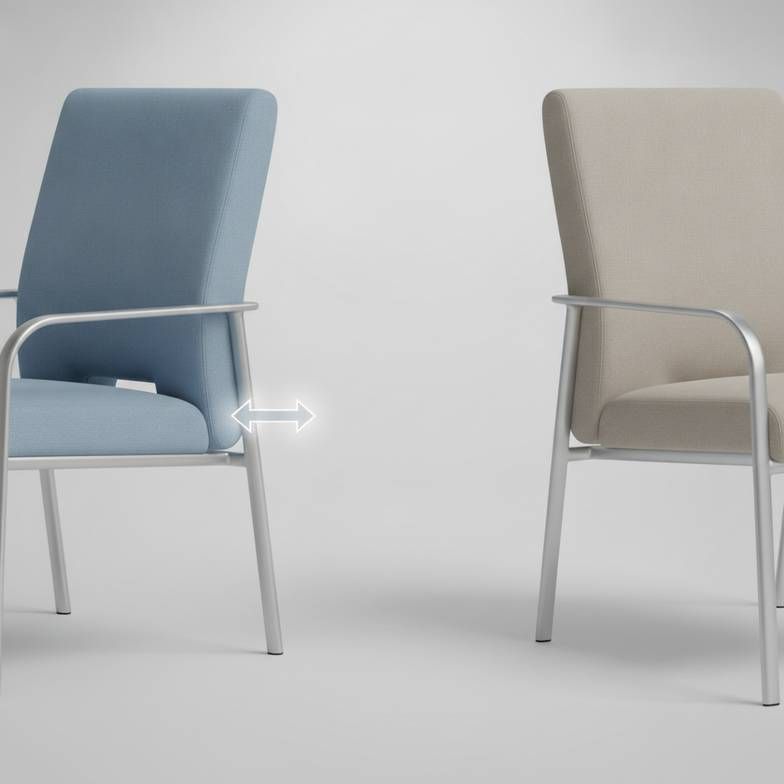 A diagram showing the "clean-out" gap between the seat and back of a patient chair, contrasted with a standard chair design.