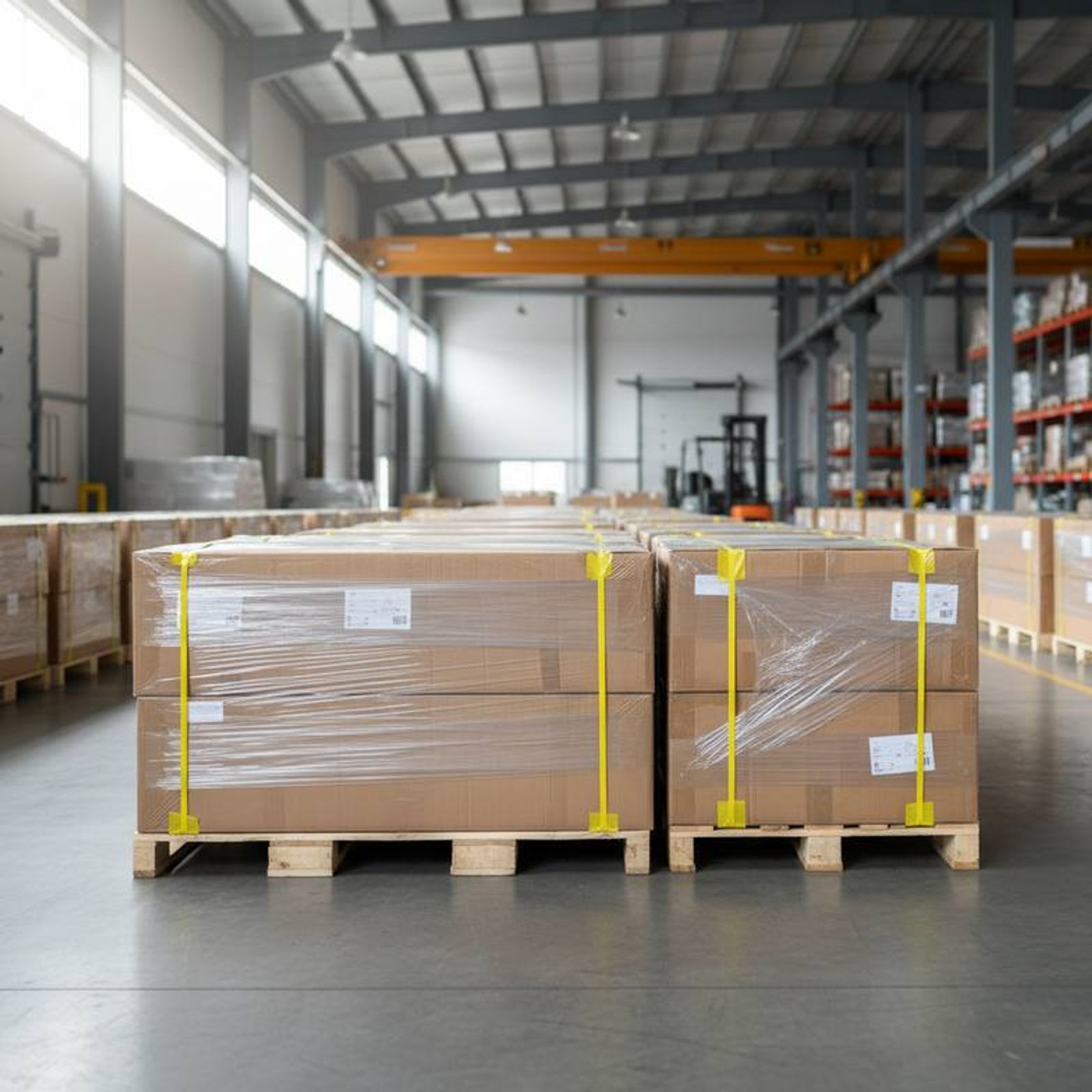 Warehouse scene showing neatly packed electric hospital beds in sturdy export cartons, ready for shipment.