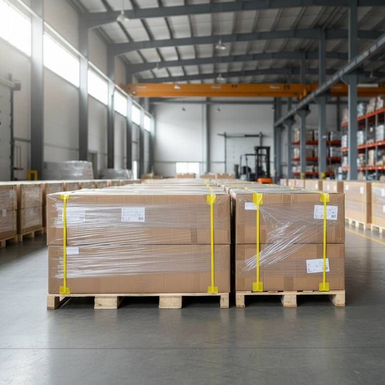 Warehouse scene showing neatly packed electric hospital beds in sturdy export cartons, ready for shipment.