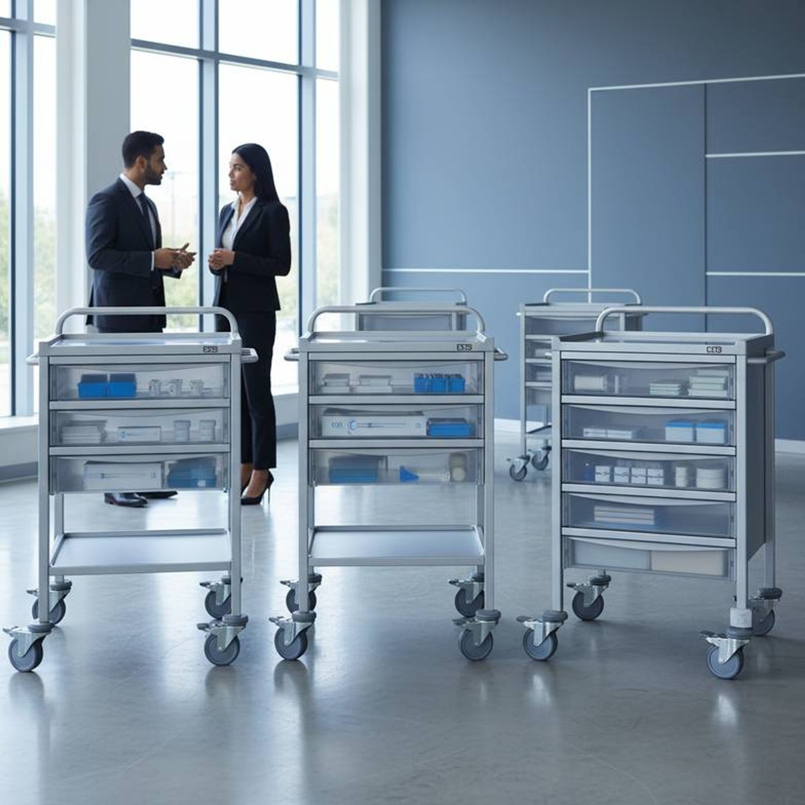 A collection of medical trolleys with different drawer layouts side-by-side