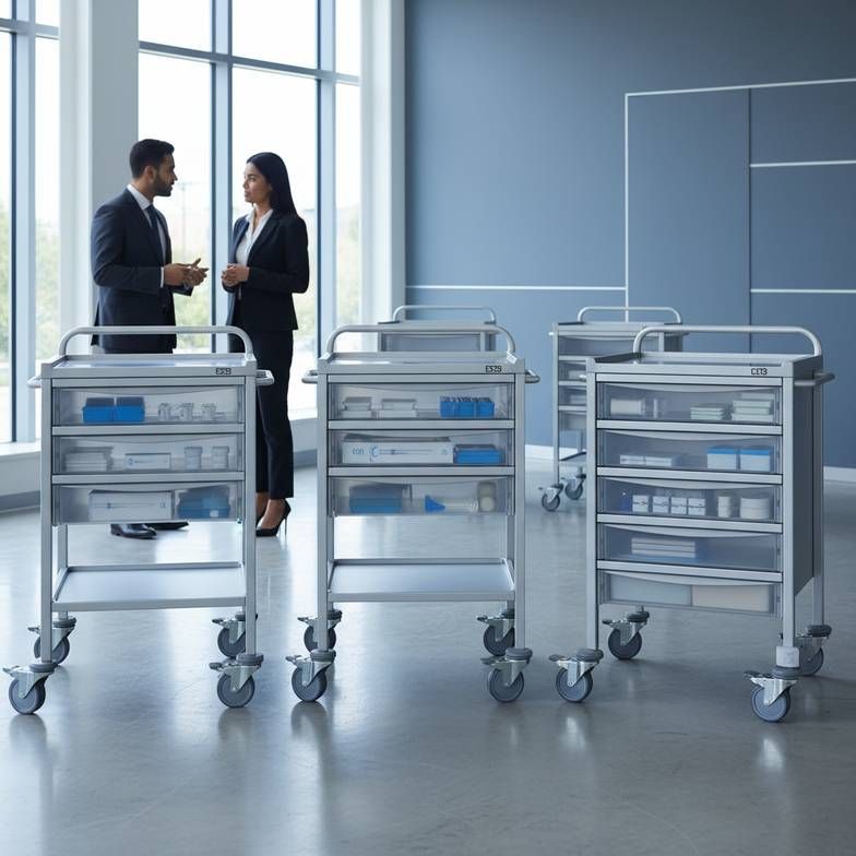 A collection of medical trolleys with different drawer layouts side-by-side