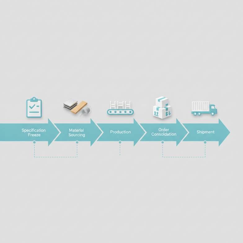 A visual timeline showing the different phases of a hospital furniture project, from specification freeze to final shipment.
