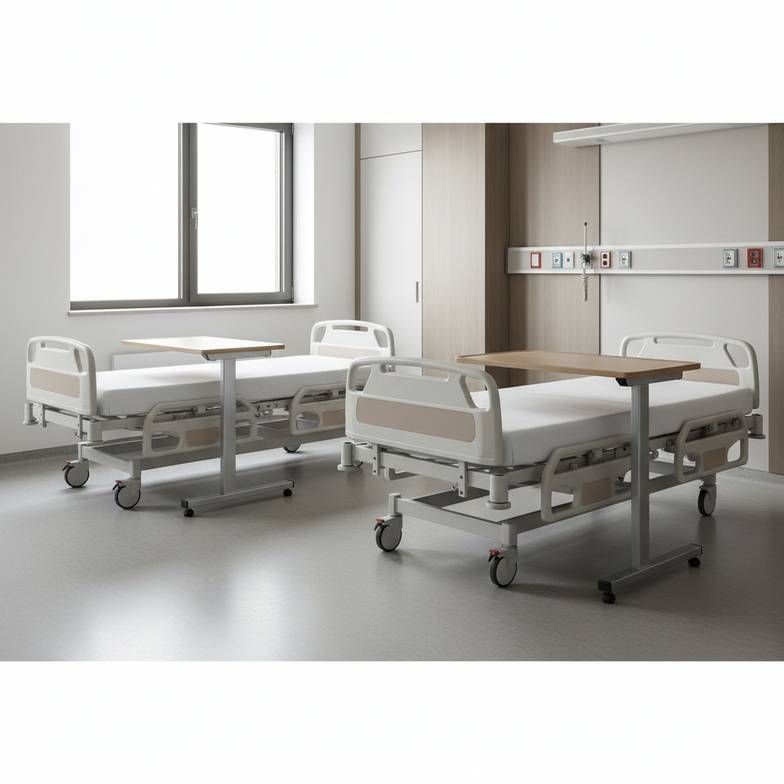 A clean, modern hospital ward with two different styles of overbed tables next to hospital beds, showing how they fit into the room's layout.