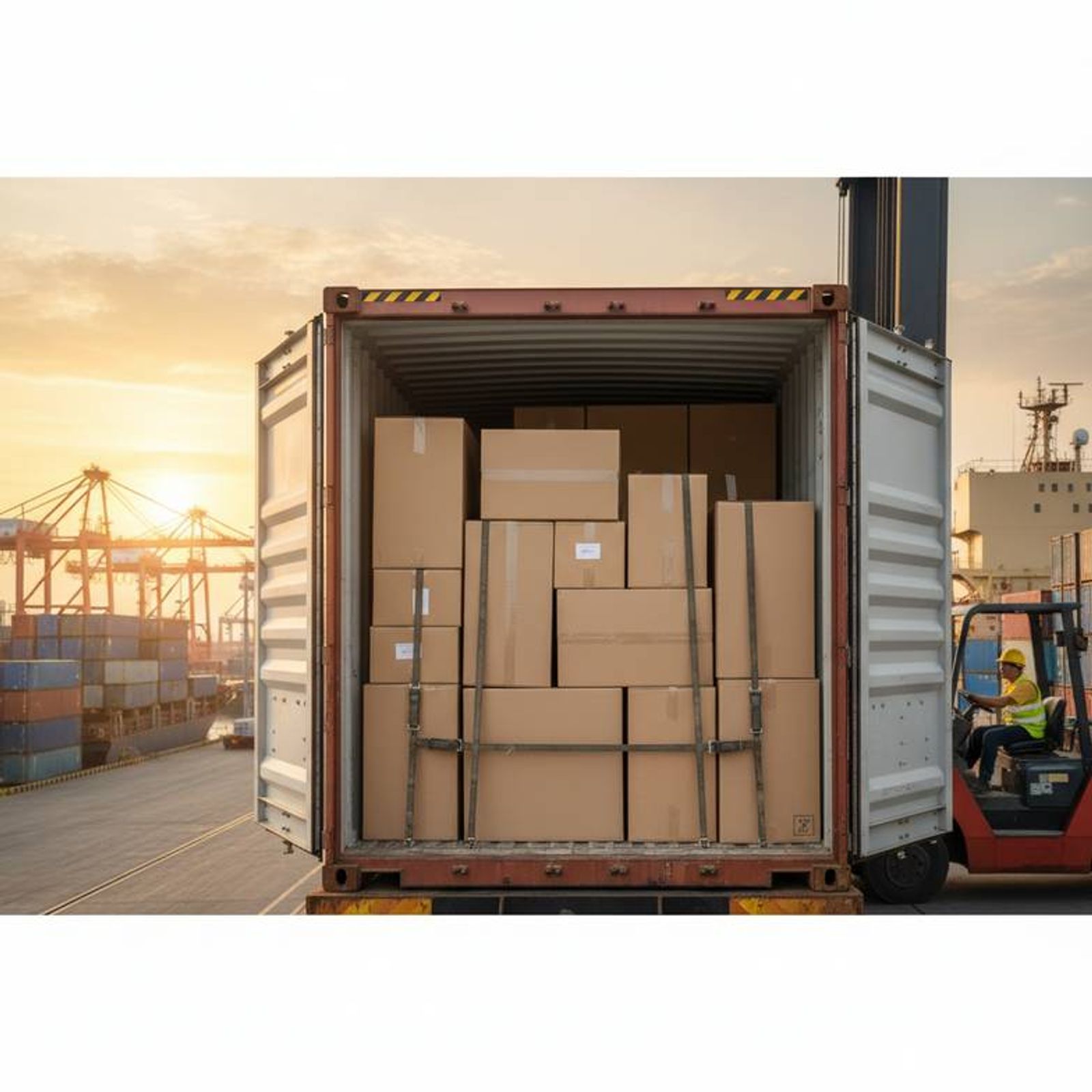 A shipping container being loaded with boxes of medical equipment, illustrating the complexities of hospital furniture Incoterms like FOB and CIF